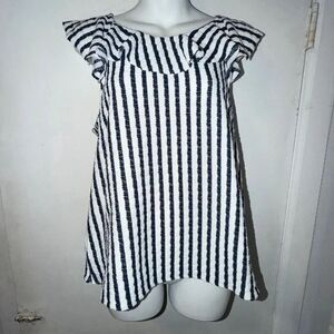 EVA FRANCO Navy Blue Striped Ruffle Sleeveless Top-L